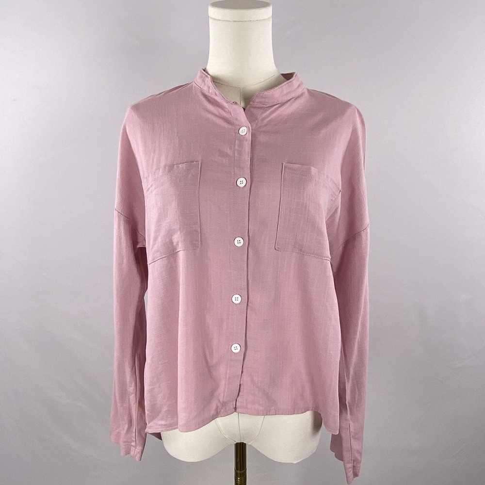 Button Up Linen Blend Blouse Women M Pink Pocket Casual Coastal Minimalist